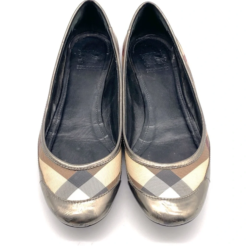 BURBERRY NOVA CHECK PEWTER GUNMETAL SILVER LEATHER BALLET FLAT SHOES 39.5 / 8.5 - Picture 2 of 7